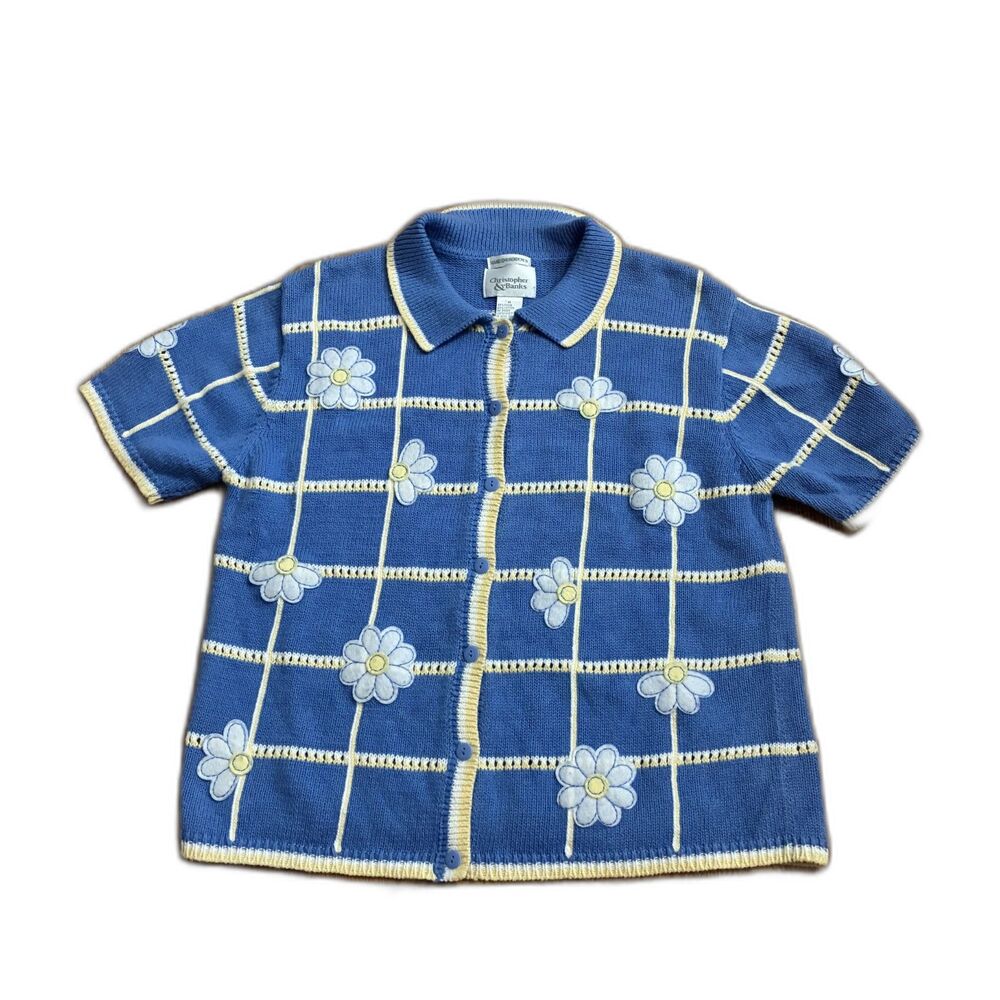 Vintage Blue Yellow Floral Daisy Knit Sweater Hand Embroidered M Button Down Top